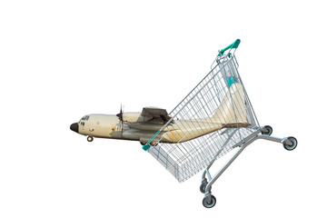 cargo aircraft in shopping trolley isolated on white background.