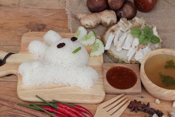 Rice steamed with chicken and soup delicious.