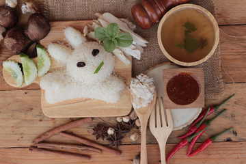 Rice steamed with chicken and soup delicious.