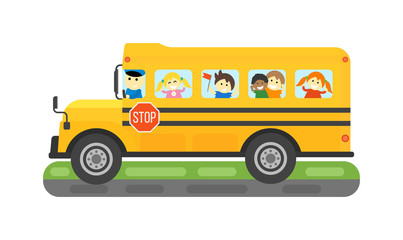 Illustration of school kids riding yellow schoolbus transportation education. Student child isolated school bus safety stop drive vector. Travel automobile school bus public trip childhood truck.