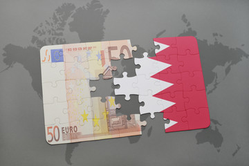 puzzle with the national flag of bahrain and euro banknote on a world map background.