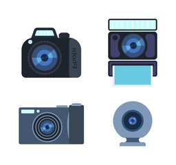 Different photo and video cameras. Different camera set photography isolated symbol photograph digital equipment. Retro technology camera set vintage element sign film collection.