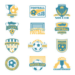 Fototapeta premium Set of european football, soccer labels, emblems and design championship elements. Vector set of soccer logo football tournament icon symbol. Soccer logo team emblem badge sport competition.