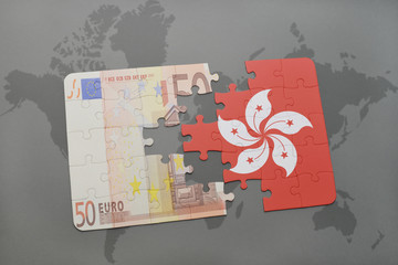 puzzle with the national flag of hong kong and euro banknote on a world map background.