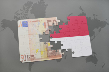 puzzle with the national flag of indonesia and euro banknote on a world map background.