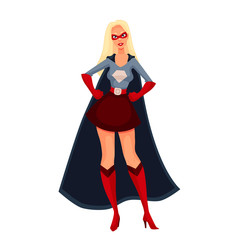 Female superhero cartoon style vector illustration isolated on white background. woman in business suit and in superhero disguise, super power girl. Business woman as superhero