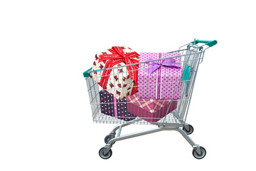 presents ribbon gift box in shopping trolley isolated on white background