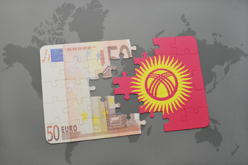 puzzle with the national flag of kyrgyzstan and euro banknote on a world map background.