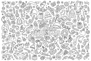 Chalkboard vector hand drawn Doodle cartoon set of Christmas objects 