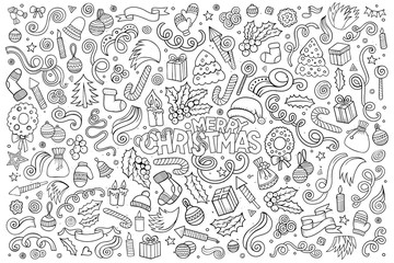 Chalkboard vector hand drawn Doodle cartoon set of Christmas objects 