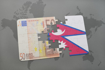 puzzle with the national flag of nepal and euro banknote on a world map background.