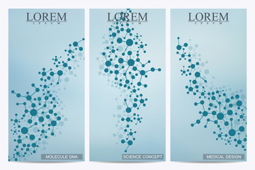 Set of modern vector flyers. Abstract background with molecule structure DNA and neurons. Medicine, science, technology banner, card,web, certificate.