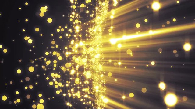  Gold particles with rays on a black background. VJ Seamless loop.