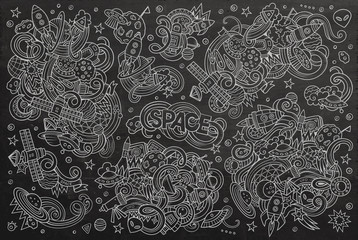 Chalkboard vector hand drawn doodles cartoon set of Space objects