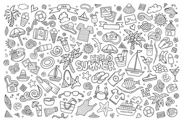 Summer beach hand drawn vector symbols and objects