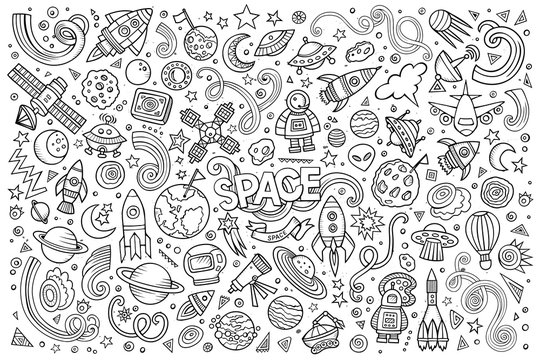 Sketchy vector hand drawn doodles cartoon set of Space objects