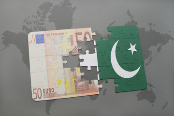 puzzle with the national flag of pakistan and euro banknote on a world map background.