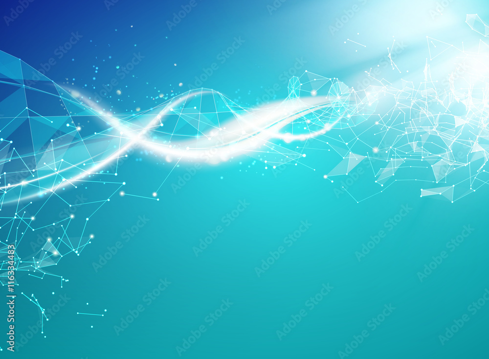 Poster blue background with dna. blue background and abstract molecular connection with dna molucule.