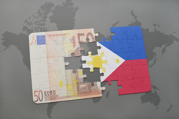 puzzle with the national flag of philippines and euro banknote on a world map background.