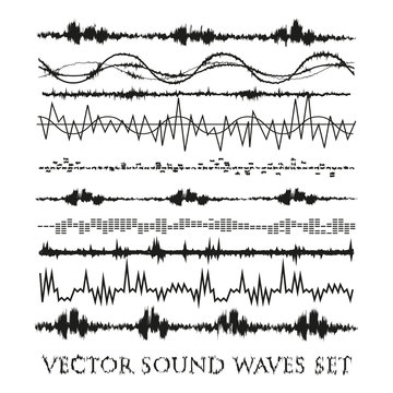 Vector sound waves set. Audio equalizer technology, pulse musical. Vector illustration