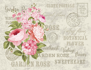 Flower garland for invitation card. Card template with blooming flowers and custom text. Vintage postcard background template for wedding invitation.