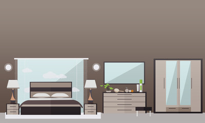 Bedroom interior in flat style. Vector illustration. House room design elements and icons