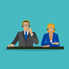 Male and female operators in call center concept vector banner. Customer service, support company office.
