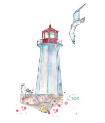 Lighthouse. Hand-painted watercolor - 116335687