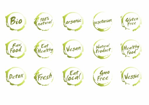 Set of Healthy Food Symbols. Vector Bio, Natural, Organic, Vegetarian, Gluten Free, Raw , Eat , Vegan,  Product, Detox, Fresh
