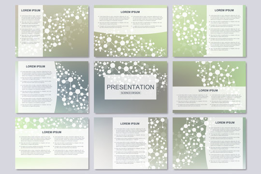 Set of modern business presentation templates in A4 size. Connection structure. Abstract background with molecule DNA and neurons