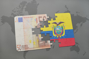 puzzle with the national flag of ecuador and euro banknote on a world map background.
