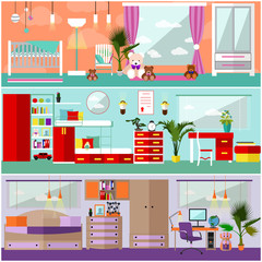 Kids bedroom interior in flat style. Vector illustration. House room design elements and icons