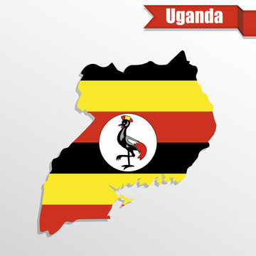 Uganda map with flag inside and ribbon