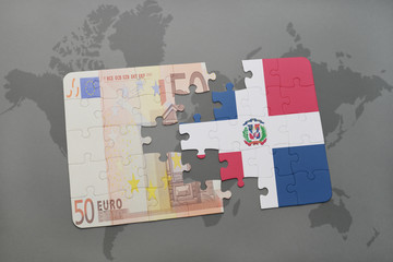 puzzle with the national flag of dominican republic and euro banknote on a world map background.