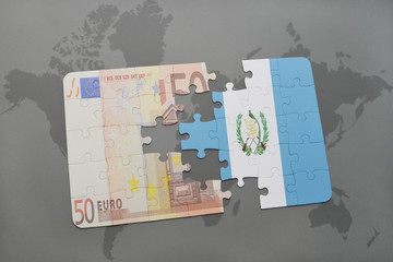 puzzle with the national flag of guatemala and euro banknote on a world map background.