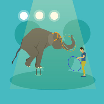 Circus concept vector banner. Acrobats and artists perform show in arena. Animals performance poster