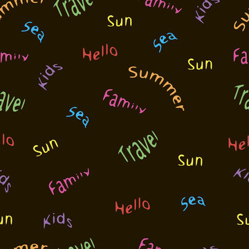 Kids summer pattern with words on a black background