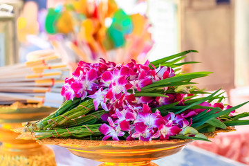 bunch of orchid flower in the tray for offering