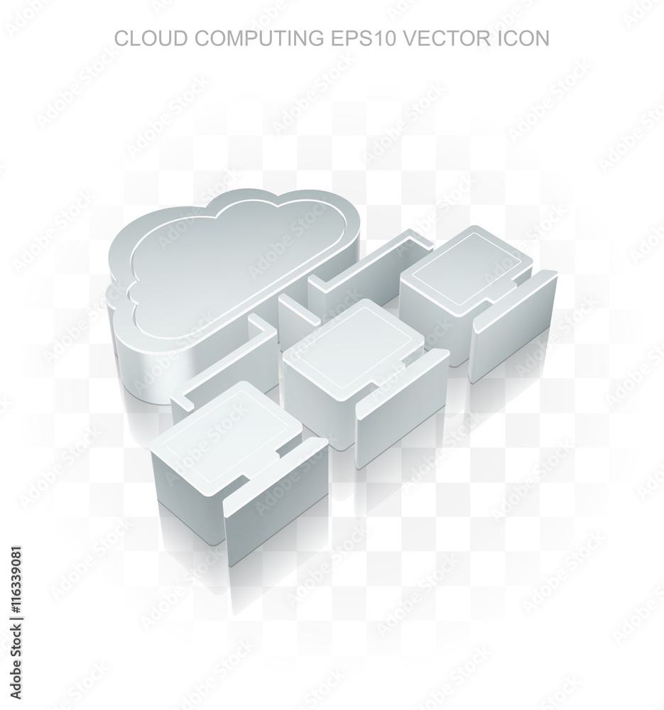 Poster cloud networking icon: flat metallic 3d cloud network, transparent shadow eps 10 vector.