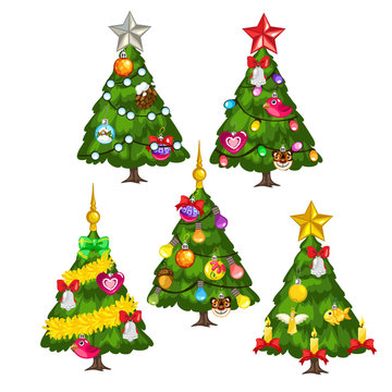 Five green Christmas trees on white background