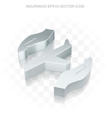 Insurance icon: Flat metallic 3d Airplane And Palm, transparent shadow EPS 10 vector.