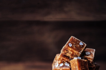 Salted caramel pieces and sea salt macro. Butter caramel candy m