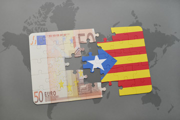 puzzle with the national flag of catalonia and euro banknote on a world map background.