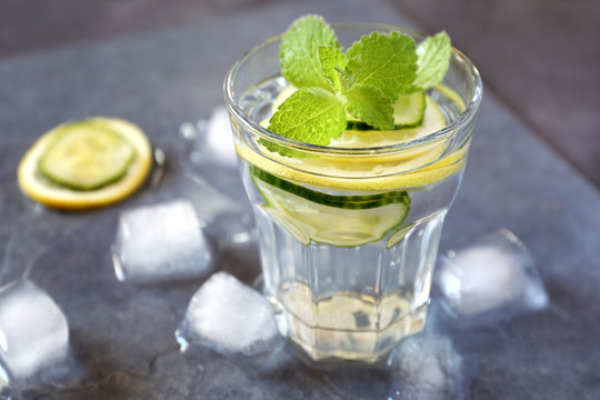 Cool refreshing drink: water, lemon, cucumber and mint