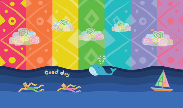 Sporting men swimming in the sea. Abstract cartoons rainbow colors background with , cloud, sailing boat and whale. Abstract design exotic bohemian style. Environment for earth day.  
