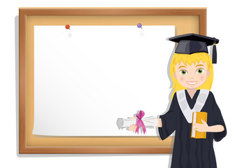 Graduate girl and cork board with paper