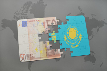 puzzle with the national flag of kazakhstan and euro banknote on a world map background.