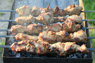 Grilling shashlik on barbecue grill. Pork barbeque.
