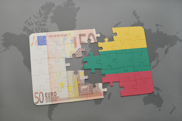 puzzle with the national flag of lithuania and euro banknote on a world map background.