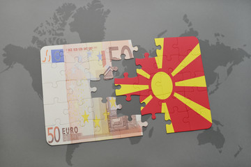 puzzle with the national flag of macedonia and euro banknote on a world map background.